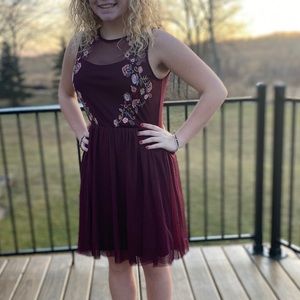 Embroidered Flower Mesh Burgundy Dress